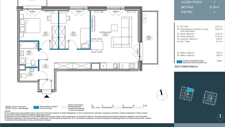 Rzut - Mieszkanie na sprzedaż 3 pokoje o powierzchni 67,5 m² - numer 34 w Nordic Górka Narodowa