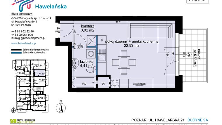 Rzut - Mieszkanie na sprzedaż 1 pokój o powierzchni 31,26 m² - numer A/7/62 w Osiedle Hawelańska etap III - bud. A