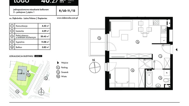 Rzut - Mieszkanie na sprzedaż 2 pokoje o powierzchni 40,27 m² - numer R-LG-11-12 w os. Dąbrówka – Leśna Polana