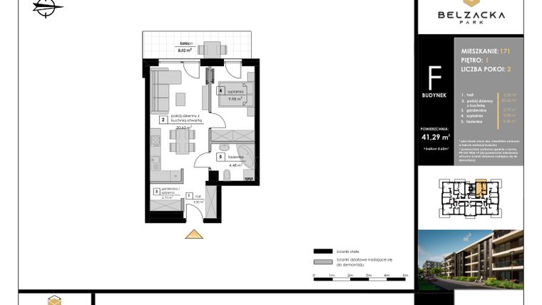 Rzut - Mieszkanie na sprzedaż 2 pokoje o powierzchni 41,29 m² - numer F.171 w Belzacka Park etap III