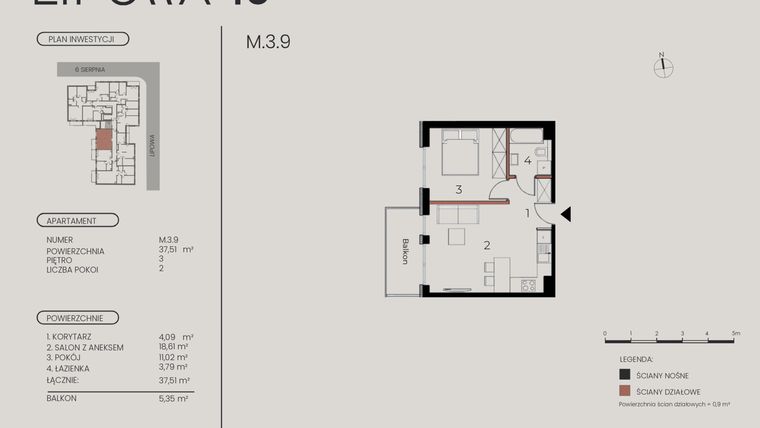 Rzut - Mieszkanie na sprzedaż 2 pokoje o powierzchni 37,51 m² - numer M.3.9 w Lipowa 43