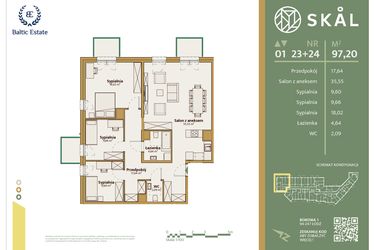Rzut - Mieszkanie na sprzedaż 1 pokój o powierzchni 97,2 m² - numer M.23+24 w Skal