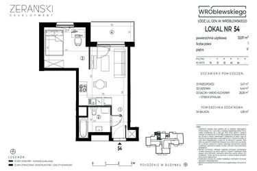 Rzut - Mieszkanie na sprzedaż 1 pokój o powierzchni 33,97 m² - numer A54 w Wróblewskiego