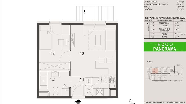 Rzut - Mieszkanie na sprzedaż 2 pokoje o powierzchni 33,34 m² - numer 5.A w Ecco Panorama etap I budynki A, B