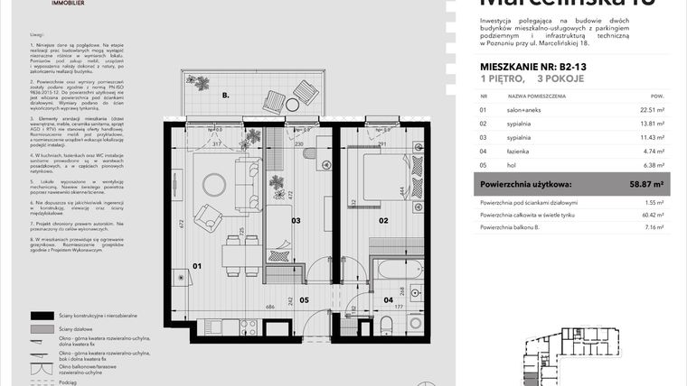 Rzut - Mieszkanie na sprzedaż 3 pokoje o powierzchni 59,26 m² - numer B2-13 w Marcelińska 18