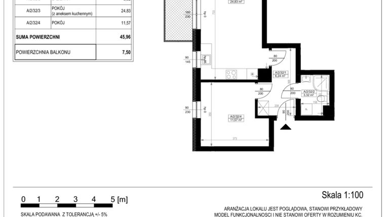 Rzut - Mieszkanie na sprzedaż 2 pokoje o powierzchni 45,96 m² - numer A-2-32 w Zamieszkaj na Rudawskiej 5