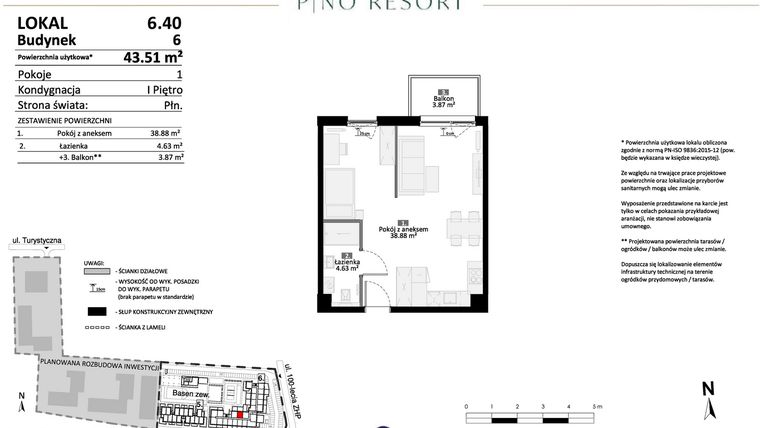 Rzut - Mieszkanie na sprzedaż 2 pokoje o powierzchni 43,51 m² - numer 6.40 w Pino Resort
