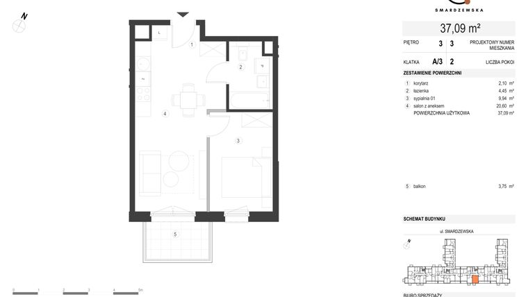 Rzut - Mieszkanie na sprzedaż 2 pokoje o powierzchni 37,09 m² - numer A/3/3.3 w Smardzewska 8