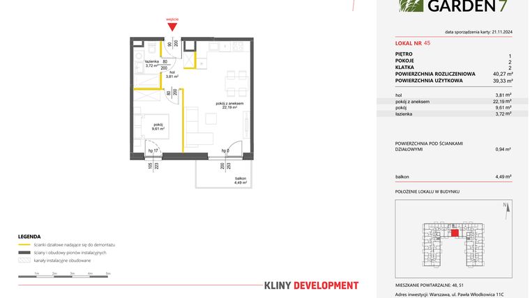 Rzut - Mieszkanie na sprzedaż 2 pokoje o powierzchni 40,27 m² - numer 45 w Nova Viva Garden 7