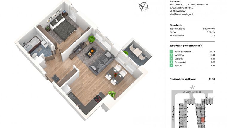 Rzut - Mieszkanie na sprzedaż 2 pokoje o powierzchni 45,39 m² - numer D12 w Nowe Żerniki Bieńkowskiego