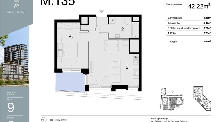 Rzut - Mieszkanie na sprzedaż 2 pokoje o powierzchni 42,22 m² - numer M135 w Sky Trust etap II
