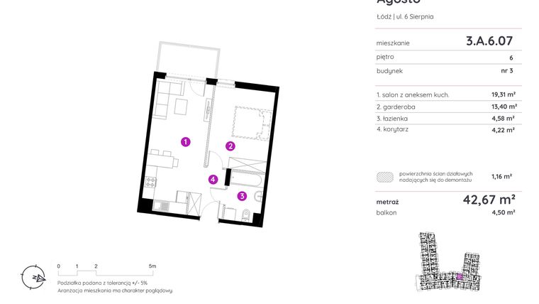 Rzut - Mieszkanie na sprzedaż 1 pokój o powierzchni 42,48 m² - numer 3.A.6.07 w Murapol Agosto