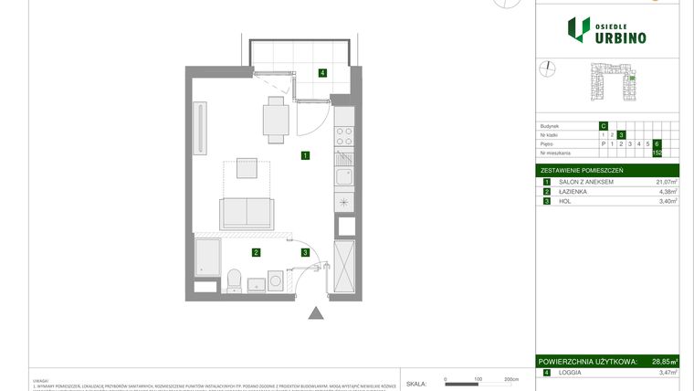 Rzut - Mieszkanie na sprzedaż 1 pokój o powierzchni 28,85 m² - numer 1.3.C.152 w Osiedle Urbino