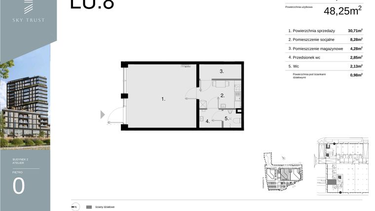 Rzut - Lokal użytkowy na sprzedaż 1 pokój o powierzchni 49,23 m² - numer LU8 w Sky Trust etap II