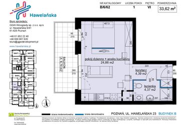 Rzut - Mieszkanie na sprzedaż 1 pokój o powierzchni 33,62 m² - numer B/6/62 w Osiedle Hawelańska etap III - bud. B
