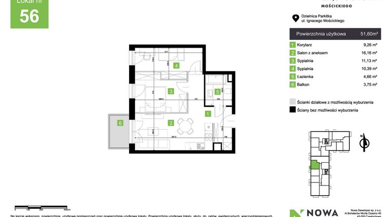 Rzut - Mieszkanie na sprzedaż 3 pokoje o powierzchni 51,6 m² - numer M56 w Nowa Częstochowa Mościckiego