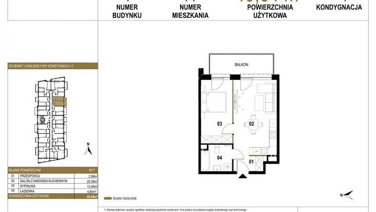 Rzut - Mieszkanie na sprzedaż 2 pokoje o powierzchni 40,64 m² - numer 1.M17 w Osiedle Saturna