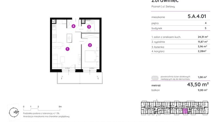 Rzut - Mieszkanie na sprzedaż 2 pokoje o powierzchni 43,71 m² - numer 5.A.4.01 w Murapol Zielony Żurawiniec