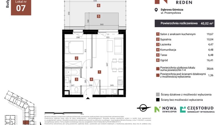 Rzut - Mieszkanie na sprzedaż 2 pokoje o powierzchni 40,02 m² - numer A7 w Nowy Reden