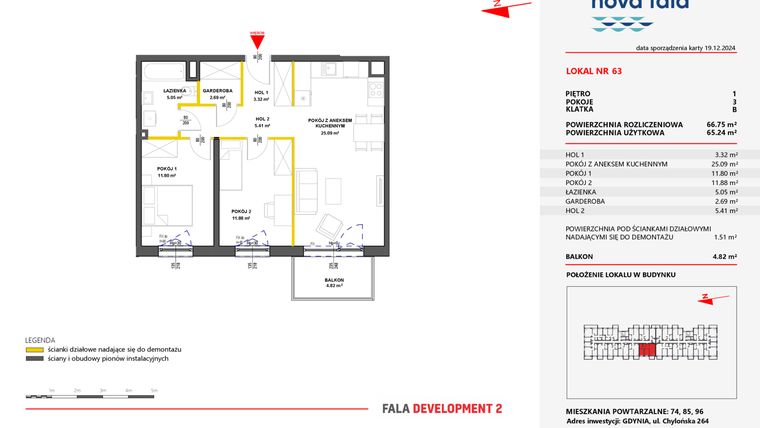 Rzut - Mieszkanie na sprzedaż 3 pokoje o powierzchni 66,75 m² - numer 63 w Miasteczko Nova Fala