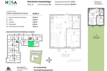 Rzut - Mieszkanie na sprzedaż 2 pokoje o powierzchni 45,36 m² - numer 56 w Nova Radiostacja