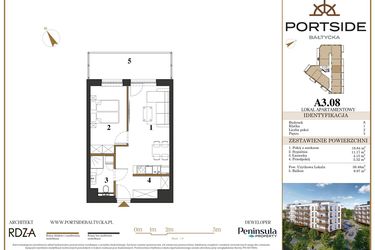 Rzut - Mieszkanie na sprzedaż 2 pokoje o powierzchni 39,48 m² - numer A3.08 w Portside Bałtycka