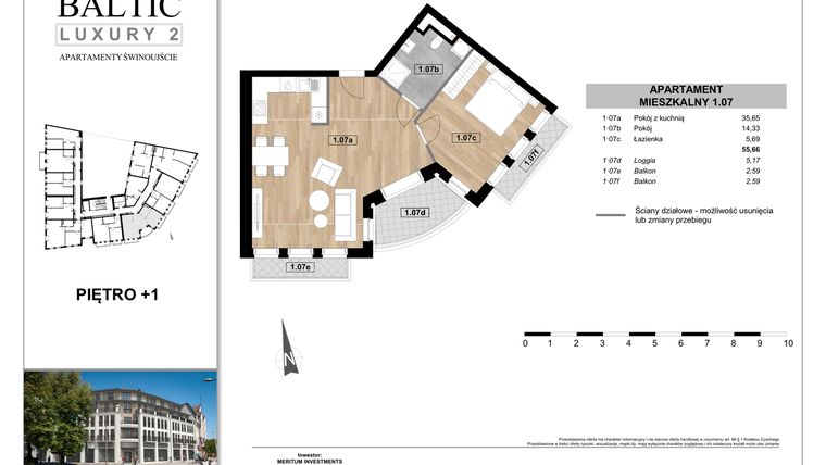 Rzut - Mieszkanie na sprzedaż 2 pokoje o powierzchni 55,66 m² - numer 1.07 w Baltic Luxury 2