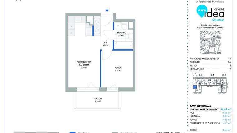Rzut - Mieszkanie na sprzedaż 2 pokoje o powierzchni 34,04 m² - numer 6A/13 w Osiedle Idea Aquarius
