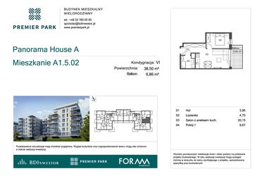 Rzut - Mieszkanie na sprzedaż 2 pokoje o powierzchni 38,5 m² - numer A1.5.02 w Premier Park II