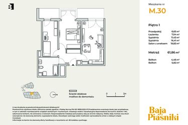 Rzut - Mieszkanie na sprzedaż 3 pokoje o powierzchni 61,86 m² - numer M30 w Baja Piaśniki