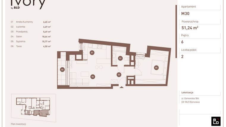 Rzut - Mieszkanie na sprzedaż 2 pokoje o powierzchni 51,24 m² - numer M30 w Ivory