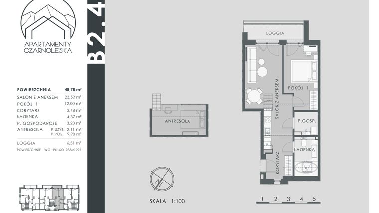 Rzut - Mieszkanie na sprzedaż 2 pokoje o powierzchni 48,78 m² - numer B2.4 w Apartamenty Czarnoleska