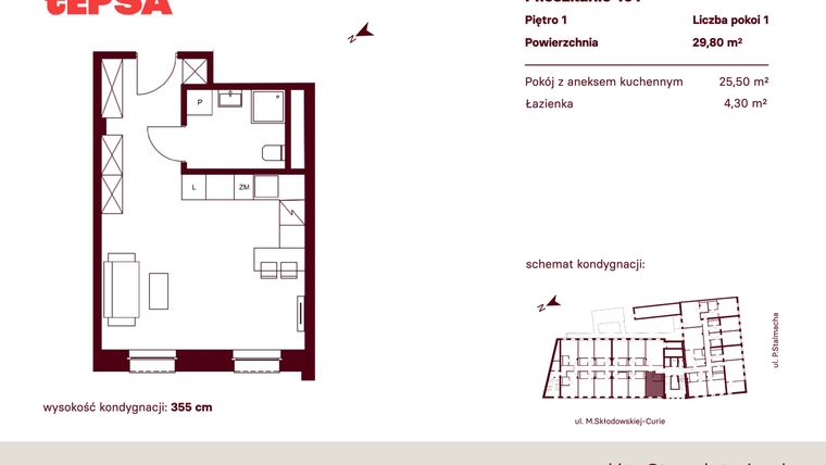 Rzut - Mieszkanie na sprzedaż 1 pokój o powierzchni 29,8 m² - numer M101 w Tepsa Kato