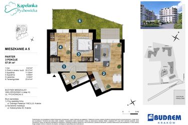 Rzut - Mieszkanie na sprzedaż 3 pokoje o powierzchni 57,91 m² - numer A.5 w Kapelanka-Pychowicka Etap III