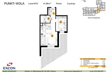 Rzut - Mieszkanie na sprzedaż 2 pokoje o powierzchni 41,86 m² - numer M13 w Punkt Wola