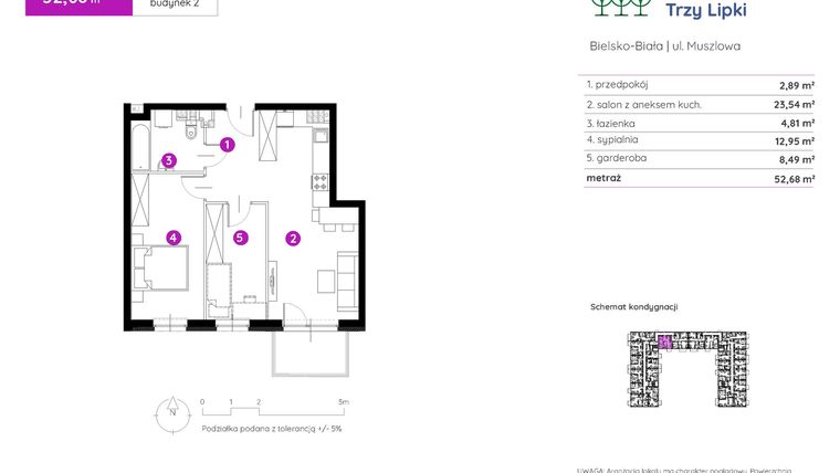 Rzut - Mieszkanie na sprzedaż 2 pokoje o powierzchni 52,68 m² - numer 2.A.2.09 w Murapol Trzy Lipki etap II