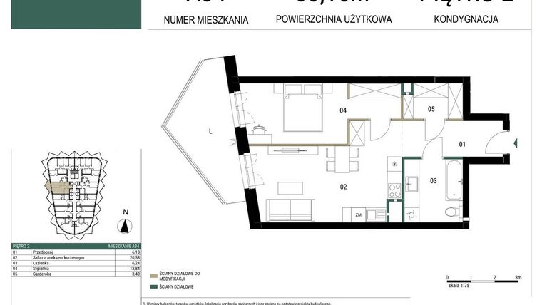 Rzut - Mieszkanie na sprzedaż 2 pokoje o powierzchni 50,16 m² - numer A34 w Drago