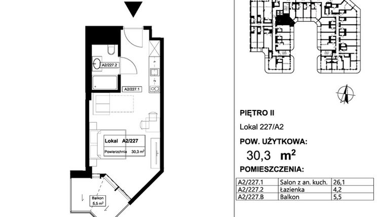 Rzut - Mieszkanie na sprzedaż 1 pokój o powierzchni 30,3 m² - numer 227 w Apollo Resort