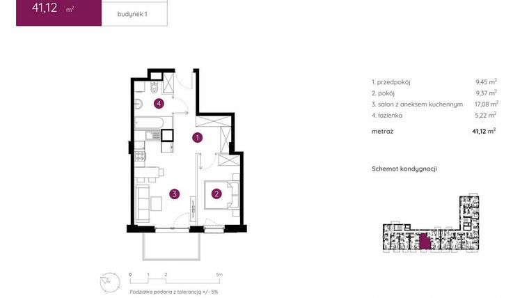 Rzut - Mieszkanie na sprzedaż 2 pokoje o powierzchni 41,12 m² - numer 1.B.6.02 w Murapol Urcity