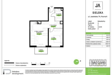 Rzut - Mieszkanie na sprzedaż 2 pokoje o powierzchni 45,97 m² - numer A.3.44 w JA_SIELSKA V