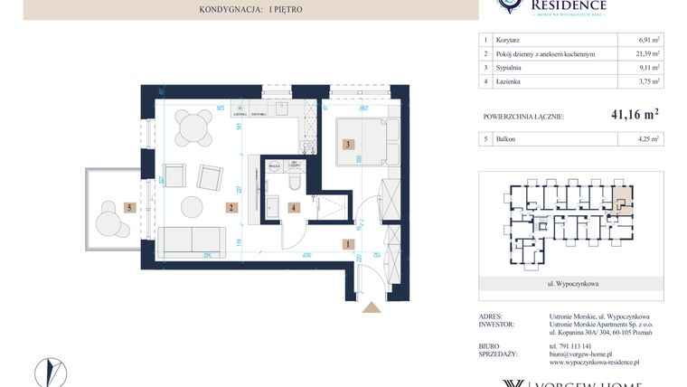 Rzut - Mieszkanie na sprzedaż 2 pokoje o powierzchni 41,16 m² - numer 25 w Wypoczynkowa Residence
