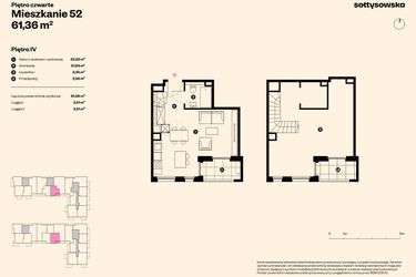 Rzut - Mieszkanie na sprzedaż 3 pokoje o powierzchni 61,36 m² - numer 52 w Sołtysowska