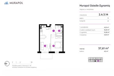 Rzut - Mieszkanie na sprzedaż 2 pokoje o powierzchni 37,61 m² - numer 2.A.3.14 w Murapol Osiedle Dynamiq