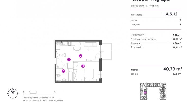 Rzut - Mieszkanie na sprzedaż 2 pokoje o powierzchni 40,79 m² - numer 1.A.3.12 w Murapol Trzy Lipki