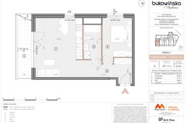 Rzut - Mieszkanie na sprzedaż 2 pokoje o powierzchni 47,11 m² - numer F2.B.01.05 w Bukowińska Mokotów etap 2