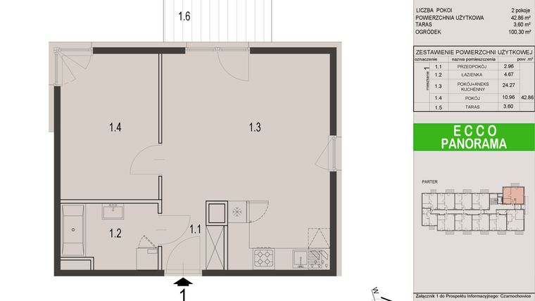 Rzut - Mieszkanie na sprzedaż 2 pokoje o powierzchni 42,86 m² - numer 1C w Ecco Panorama etap II budynki C, D