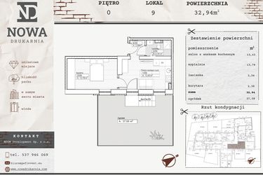 Rzut - Mieszkanie na sprzedaż 2 pokoje o powierzchni 32,94 m² - numer M9 w Nowa Drukarnia