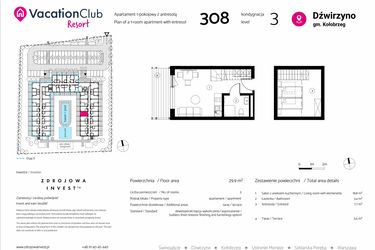 Rzut - Mieszkanie na sprzedaż 1 pokój o powierzchni 29,9 m² - numer 308 w VacationClub Resort