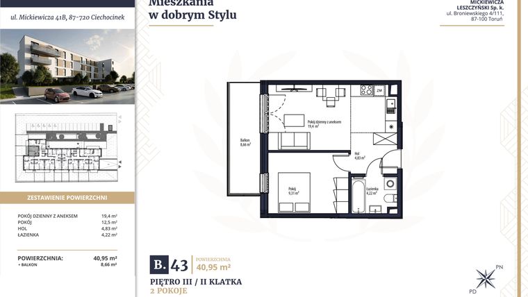 Rzut - Mieszkanie na sprzedaż 2 pokoje o powierzchni 40,95 m² - numer B43 w Mickiewicza