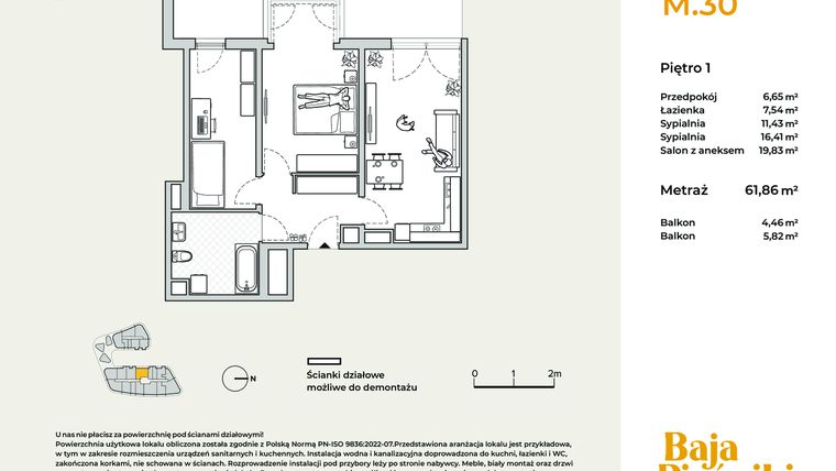 Rzut - Mieszkanie na sprzedaż 3 pokoje o powierzchni 61,86 m² - numer M30 w Baja Piaśniki